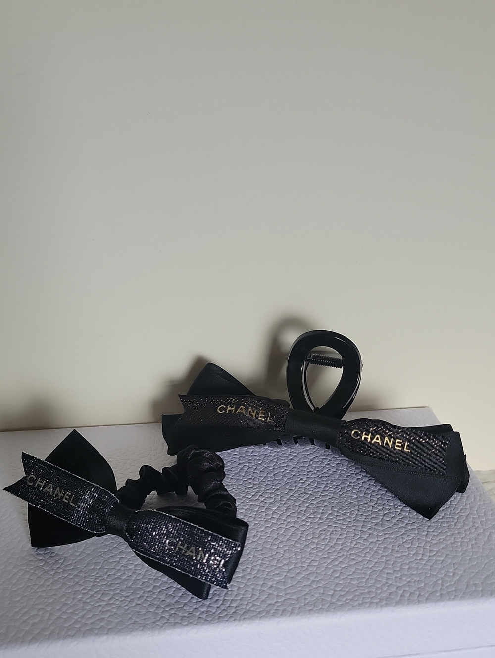 CHANEL Black Ribbon Bow Hair Clips with Gold Logo